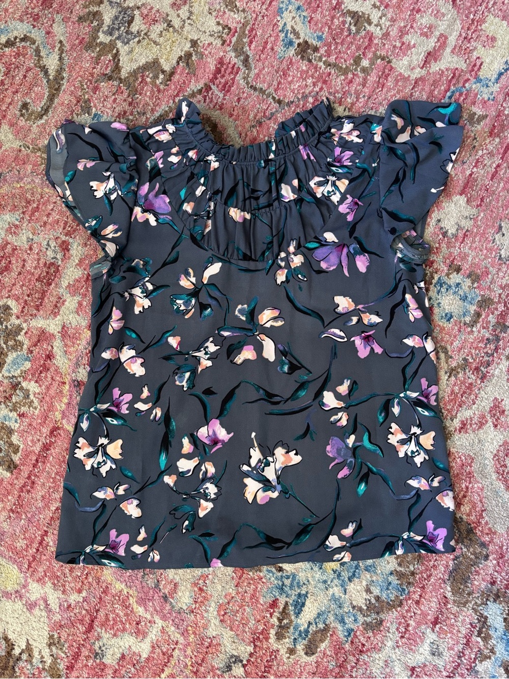 Halogen Navy Floral Ruffle-Neck Blouse with Pink & Teal Accents